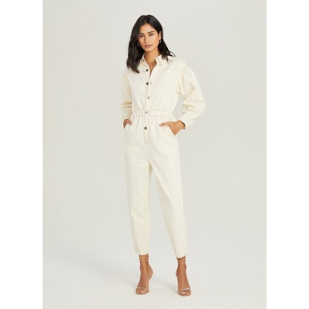 Something Navy Womens Jumpsuit Small Cream Denim Long Sleeve Going Out‎ Neutral